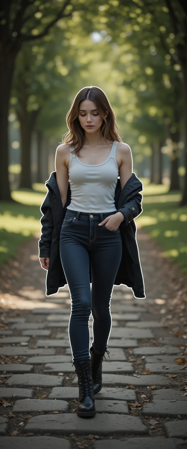 年輕女子走在公園的石頭小徑上