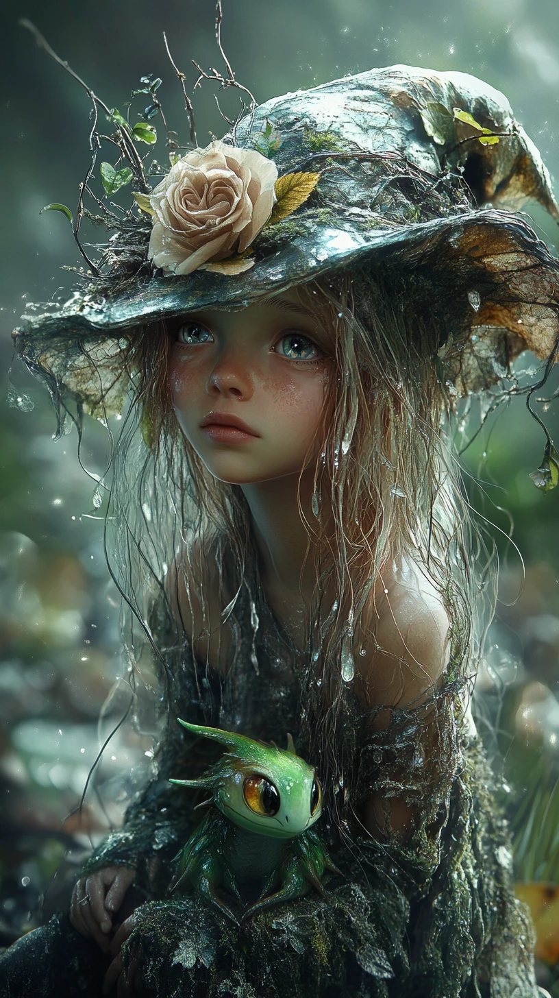 Sad woodland girl holding a tiny green dragon companion