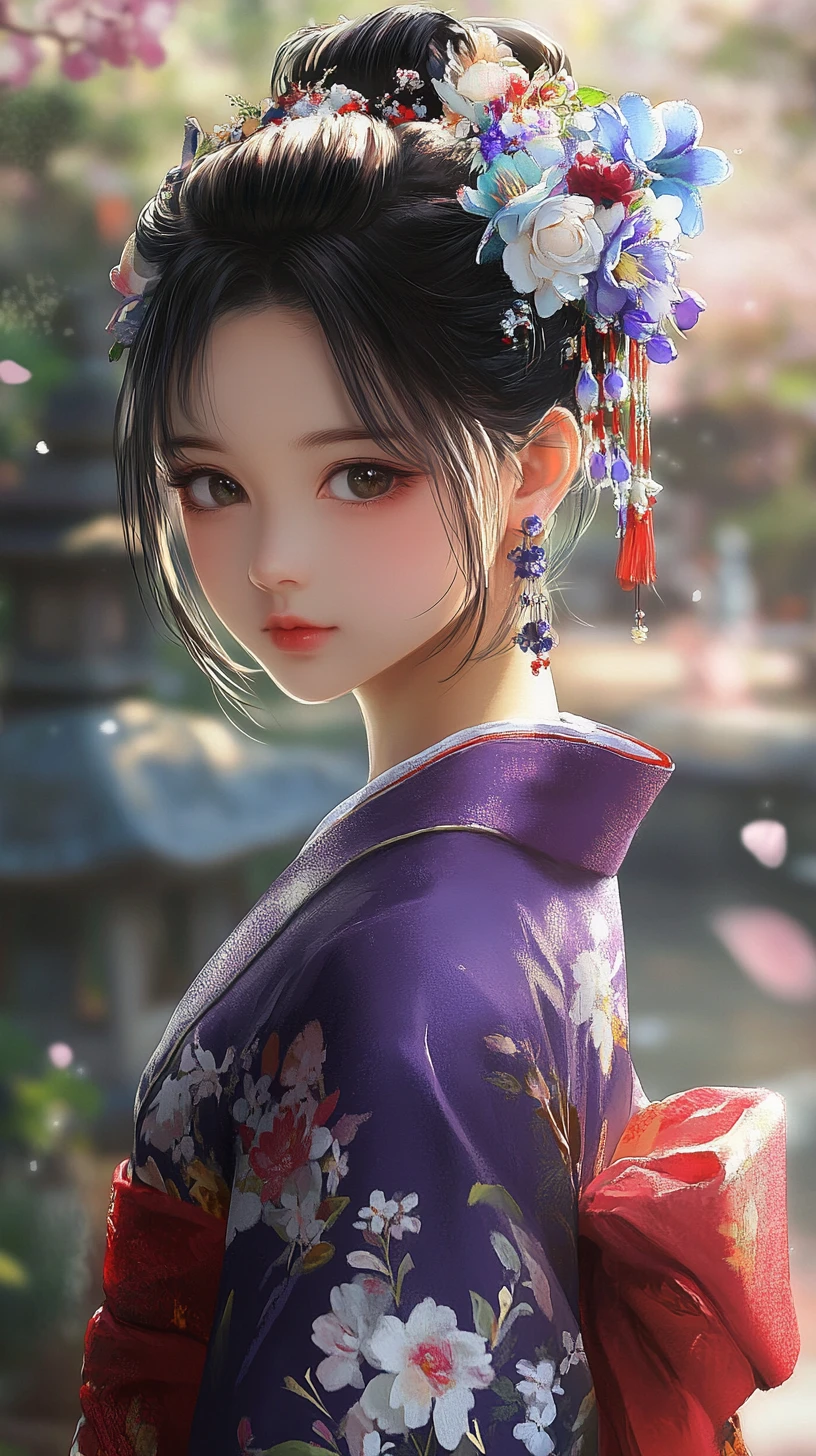 Giovane ragazza in kimono viola sotto i ciliegi in fiore primaverili