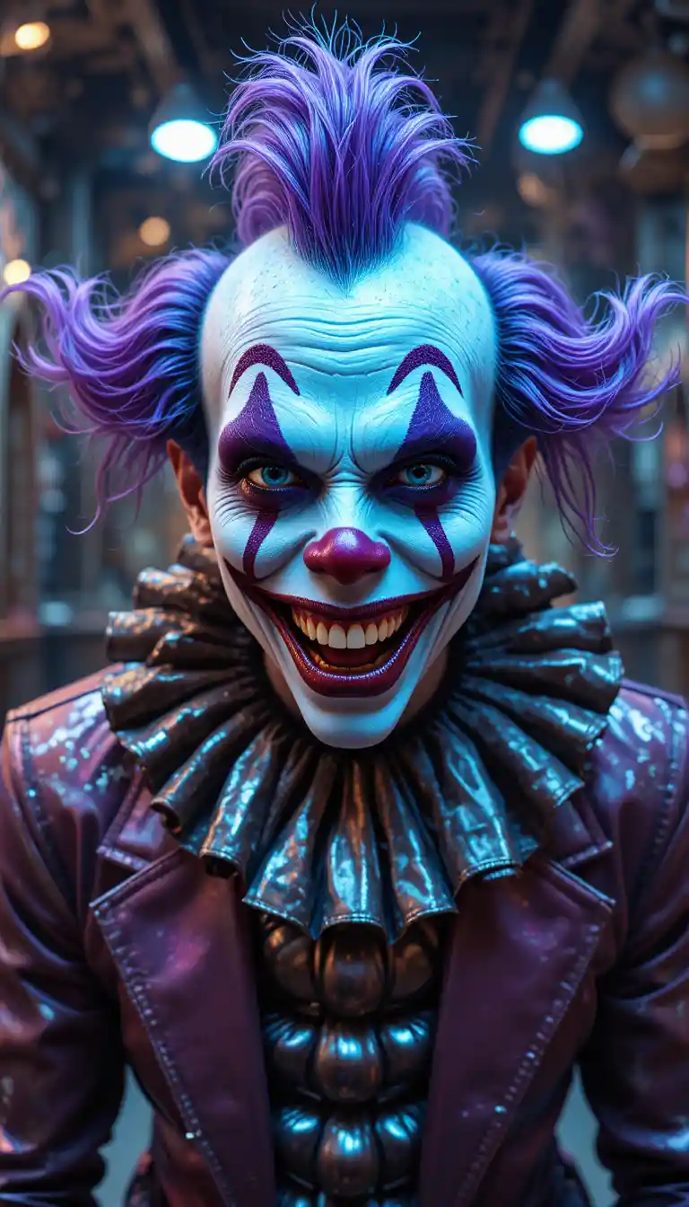Crazy smiling clown in metallic purple funhouse mirror room