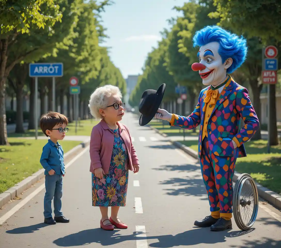 Clown Offering Hat To Elderly Woman On Sunny Sidewalk
