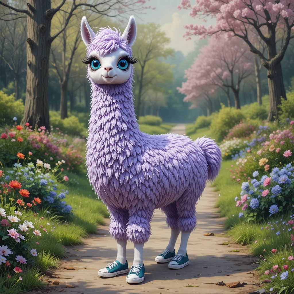 Verspieltes lavendelfarbenes Lama mit Sneakern auf einem Frühlingspfad