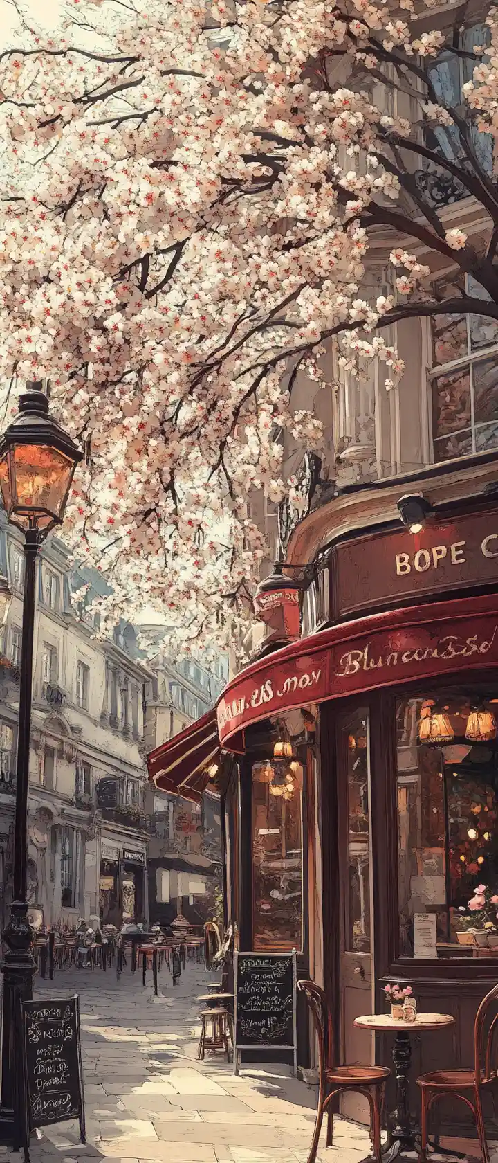 Blossoming Apple Tree Arching Over A Quiet London Cafe
