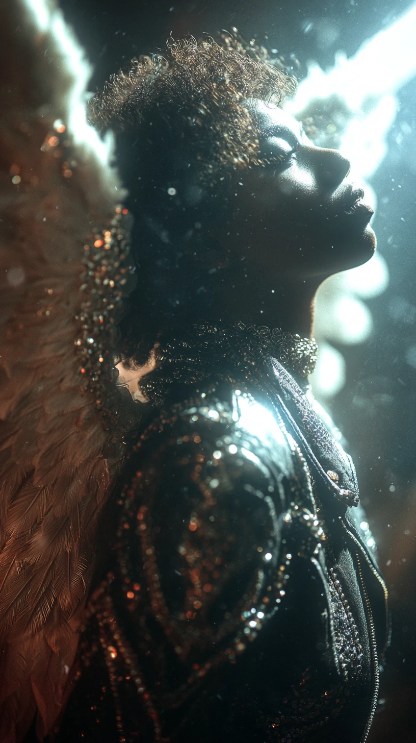 Afrofuturistic dark angel emerging from starlit cosmic shadows