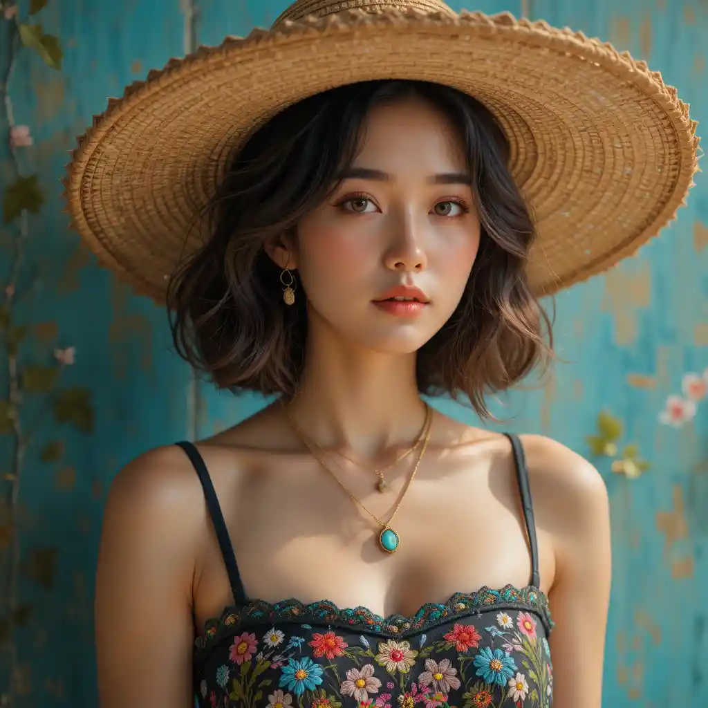 Young woman in straw hat against teal textured wall
