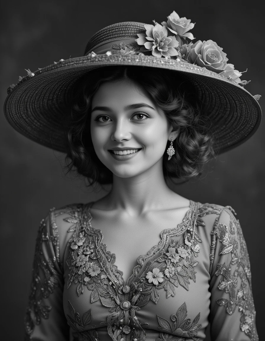 Smiling woman in a wide brim hat in black and white