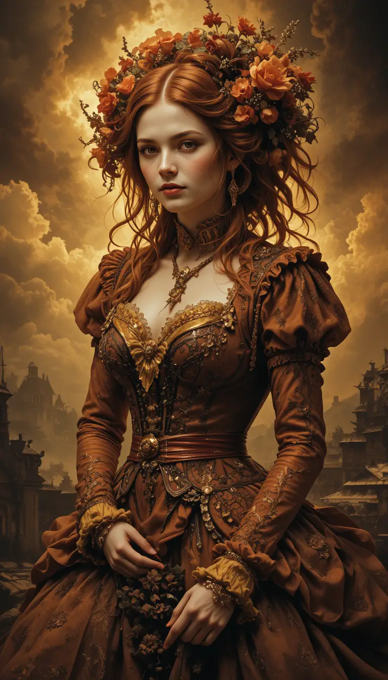 Victorian lady in sepia with dramatic baroque atmosphere