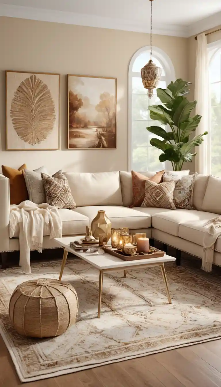 Bohemian style living room with creamy beige accessories