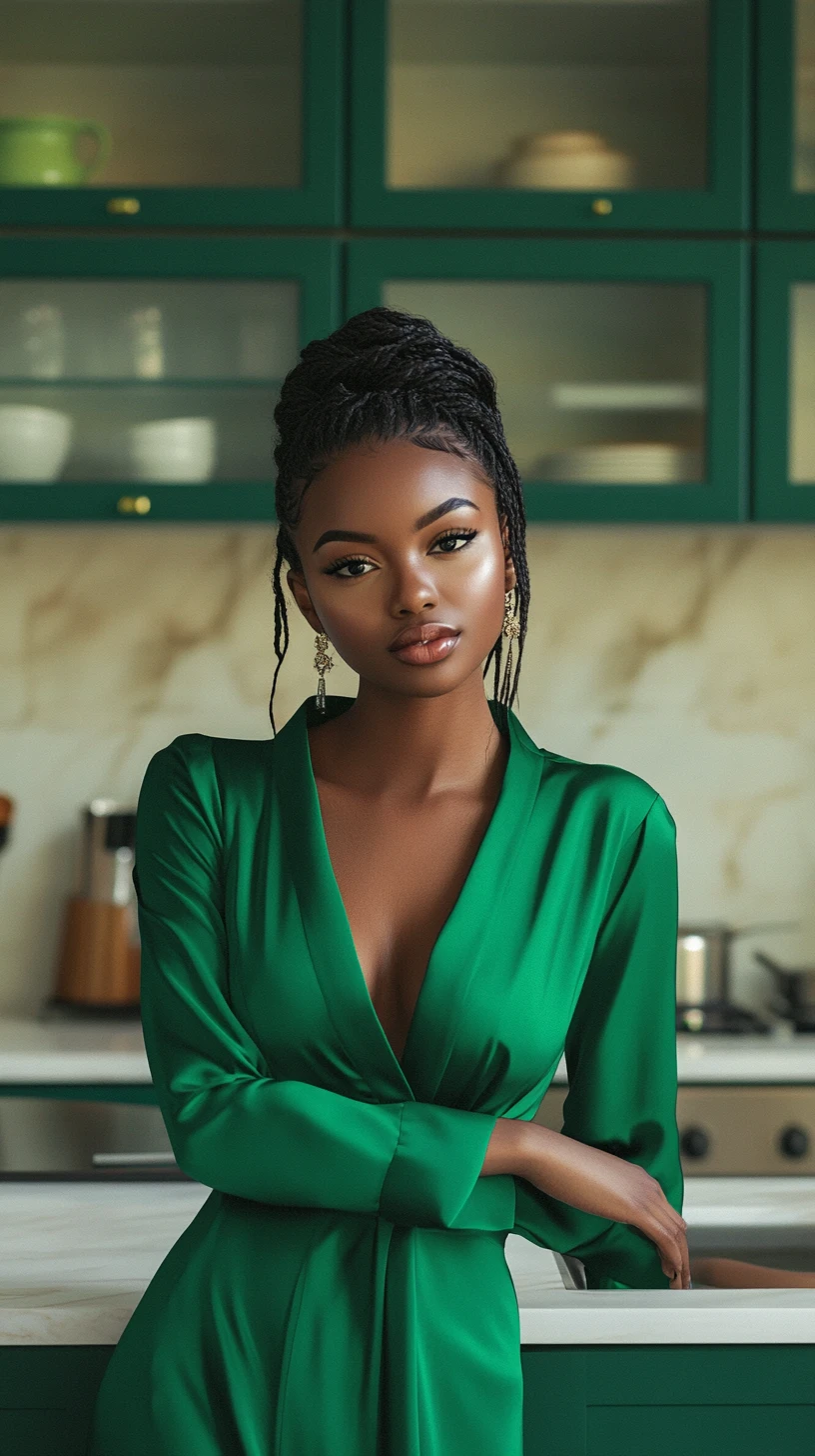 Elegant black woman in green dress in modern kitchen
