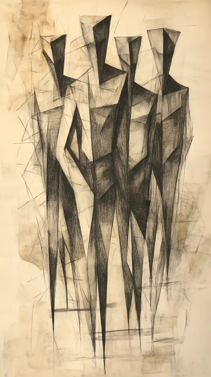 Cubist graphite figures walking through abstract urban architecture