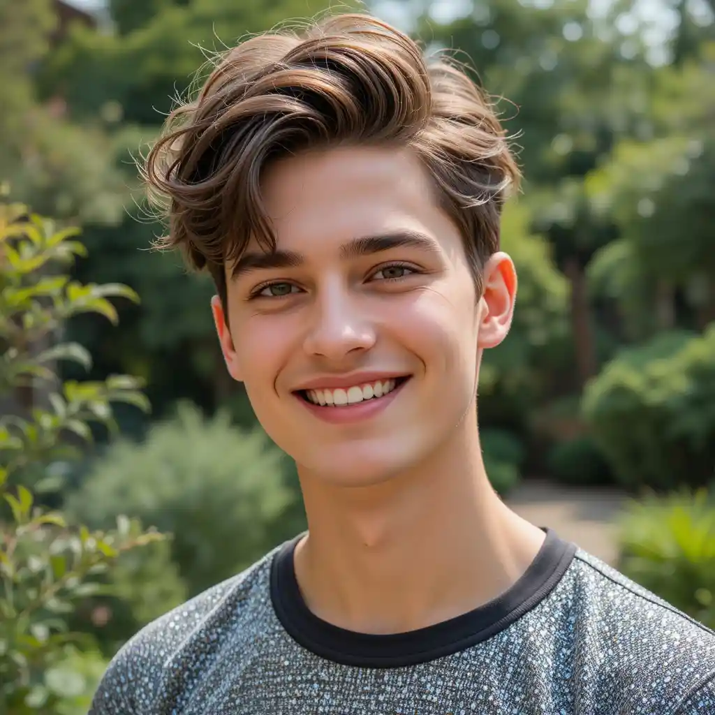 Giovane uomo sorridente in piedi in un giardino con jeans a righe