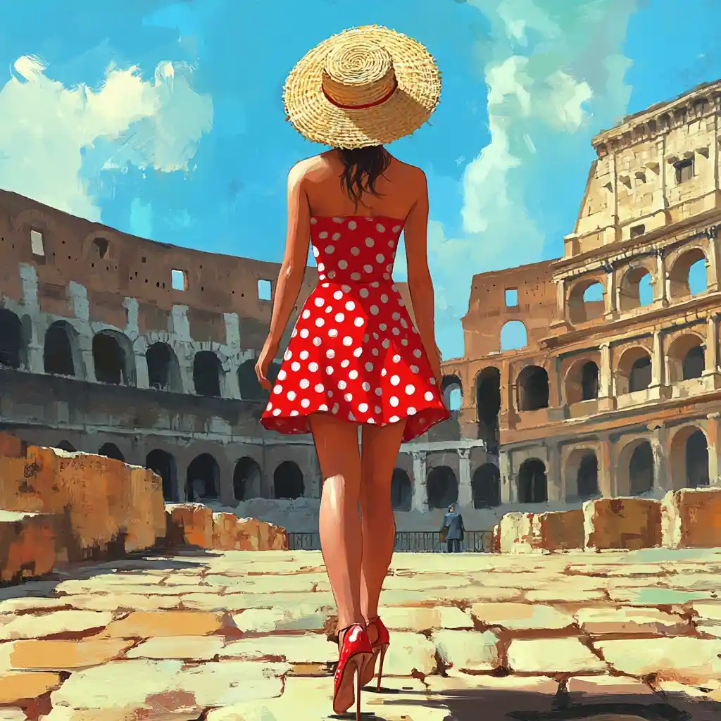 Stylish girl in red dress walking through Roman ruins