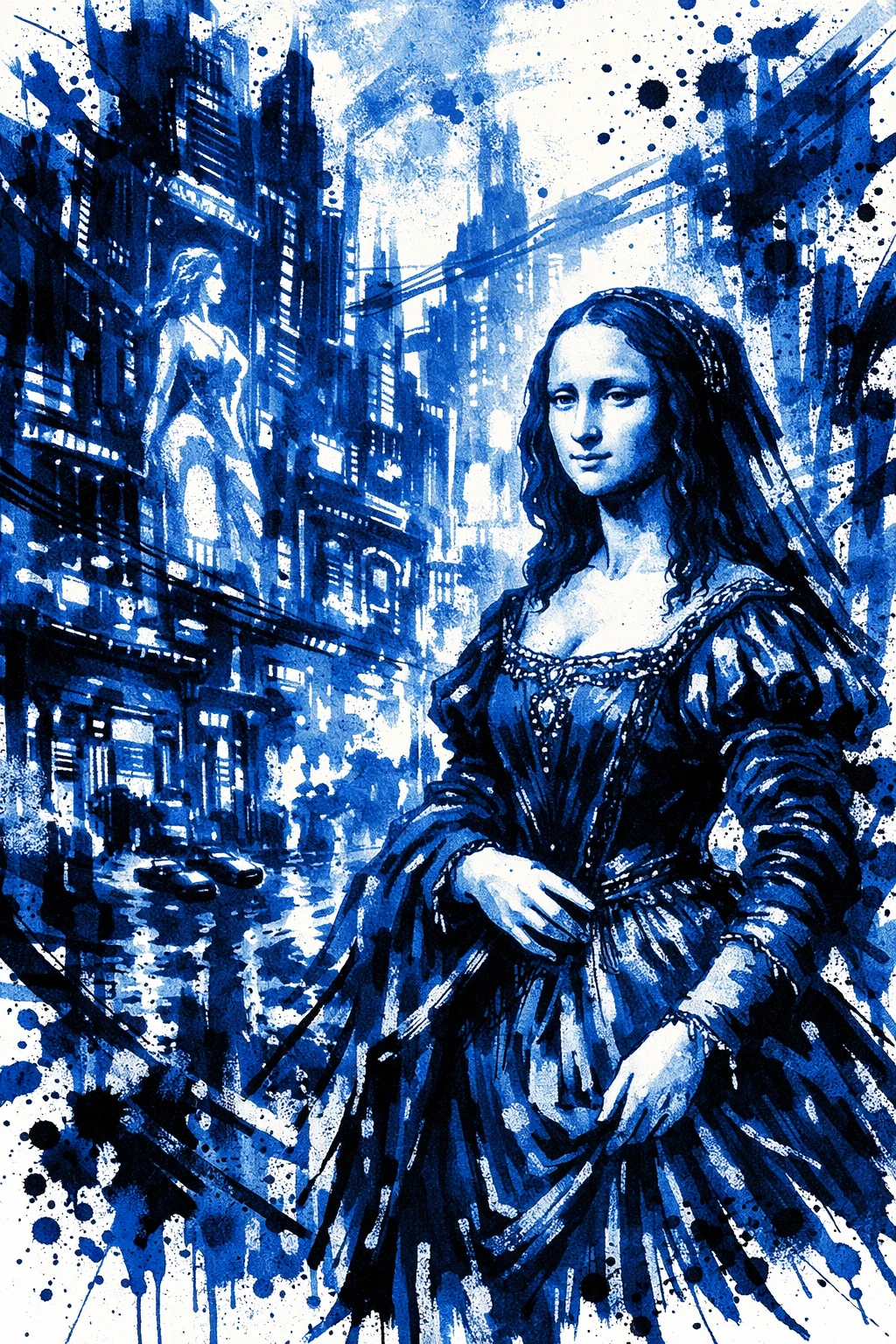 Donna rinascimentale in inchiostro blu che vaga per città cyberpunk