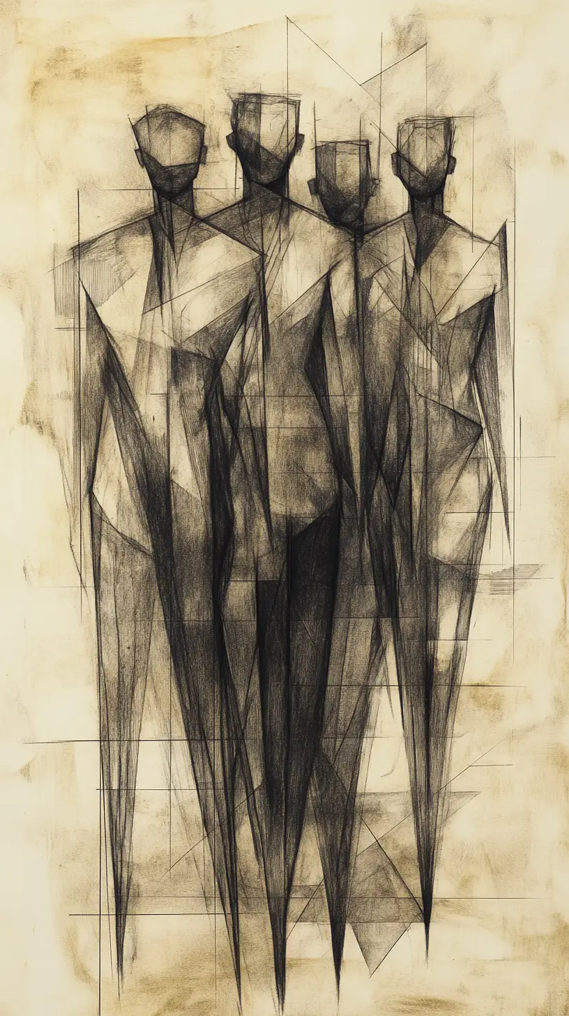 Cubist graphite figures walking through abstract urban architecture