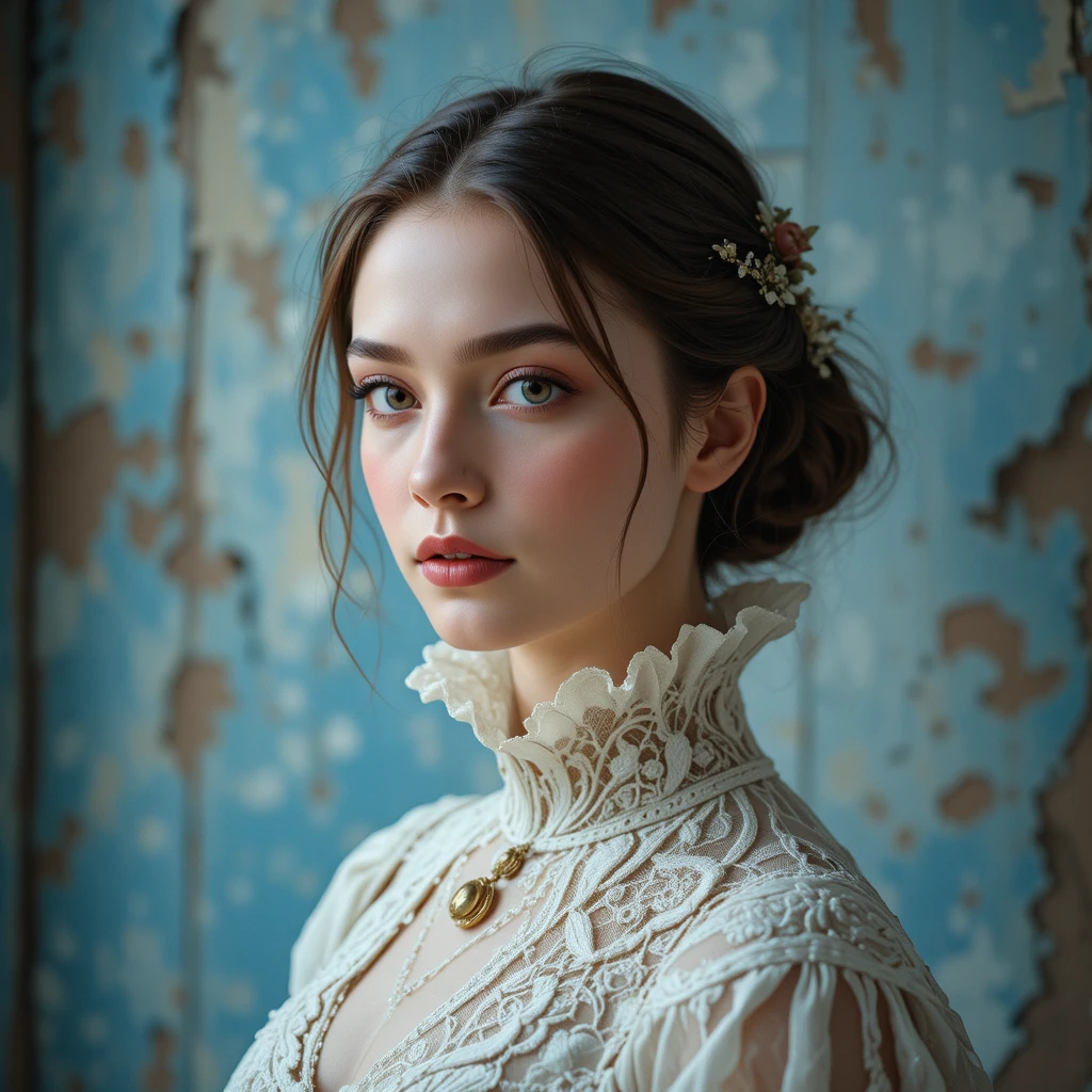Victorian lace portrait of a young woman in white gown