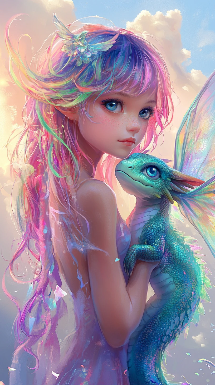 Anime fairy girl with tiny dragon under pastel sky
