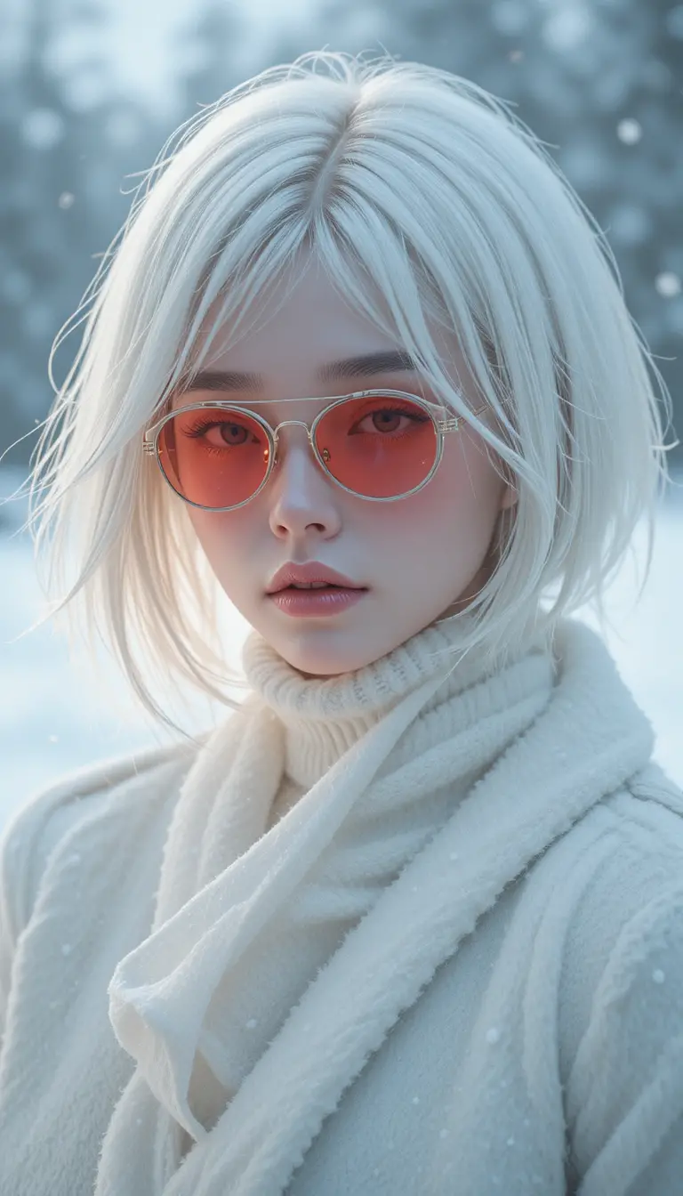 Ethereal pale woman in white winter coat and scarf
