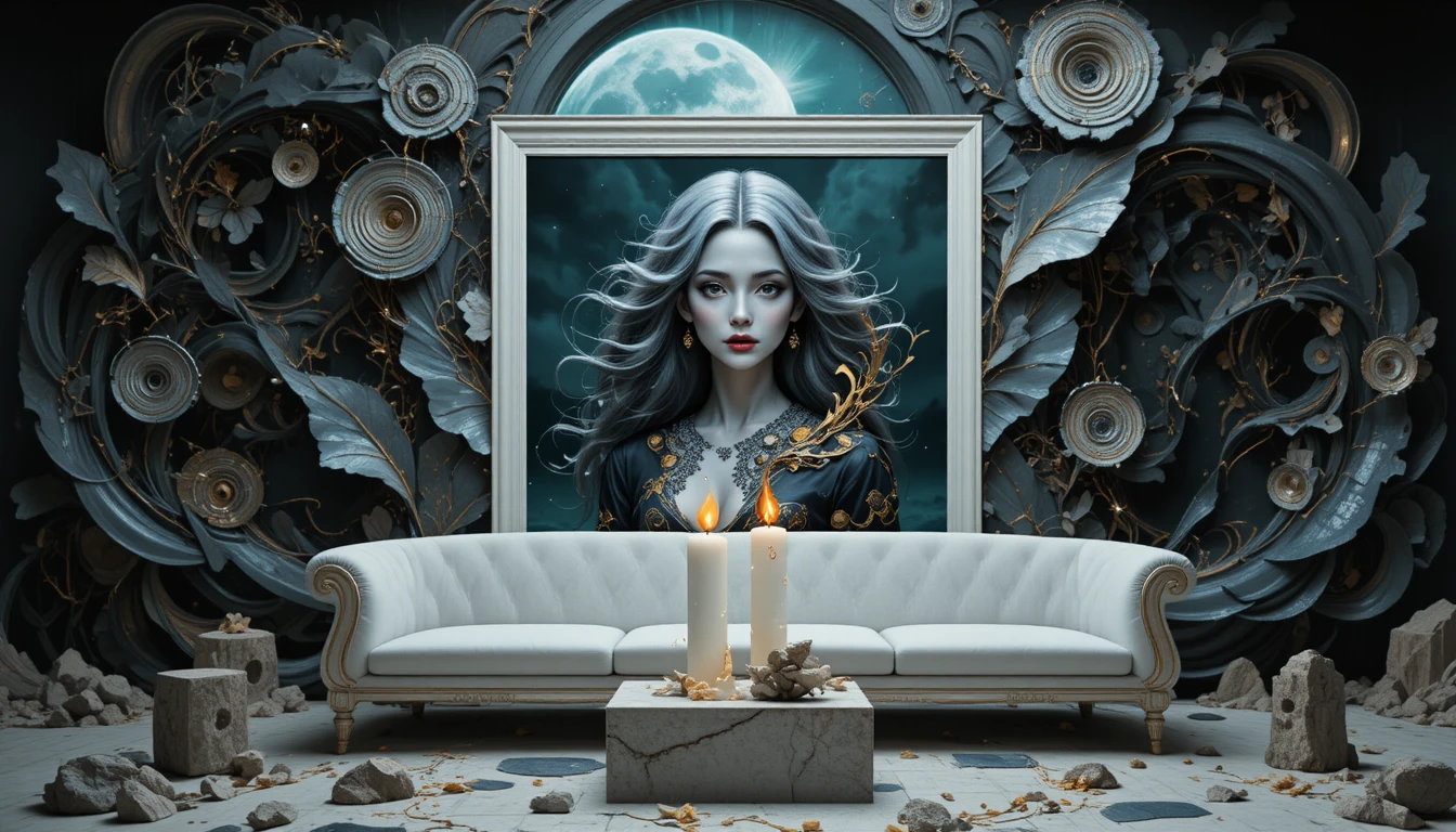 White sofa by fireplace in atmospheric 3D interior scene