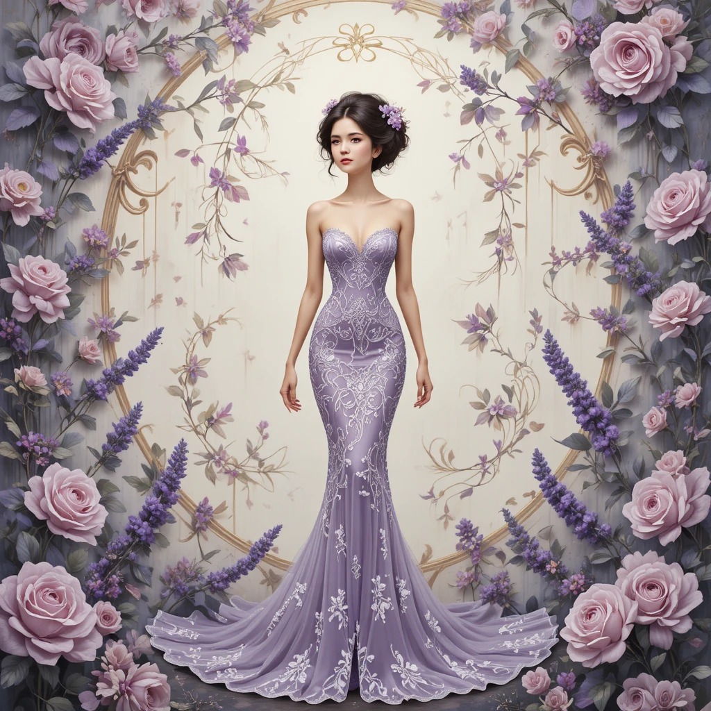 Elegante donna in abito a sirena di pizzo color lavanda con sfondo floreale