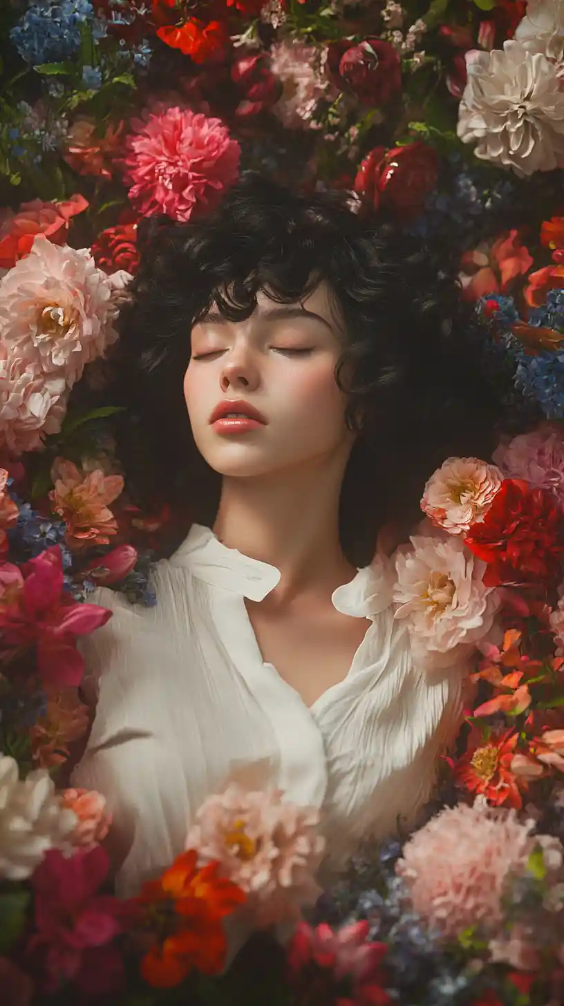 Mulher de blusa branca entre flores vivas e coloridas