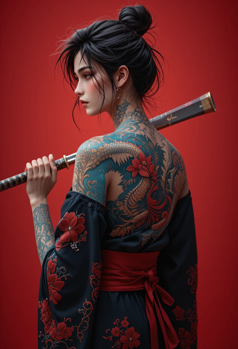 Femme tatouée en kimono tenant un katana sur fond rouge