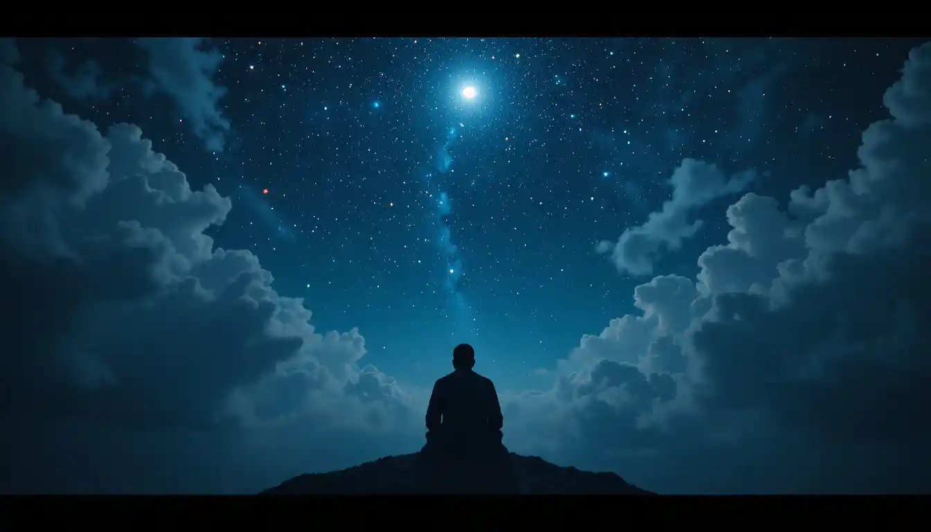 Muslim man in sujood beneath a glowing starry night sky