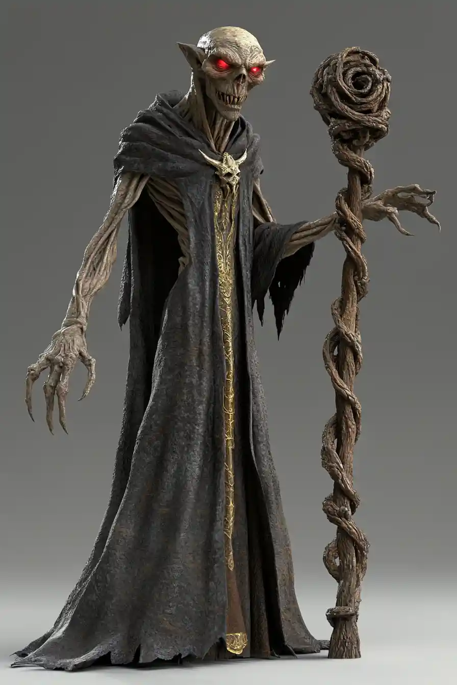 Menacing 3D wizard with claws and twisted staff