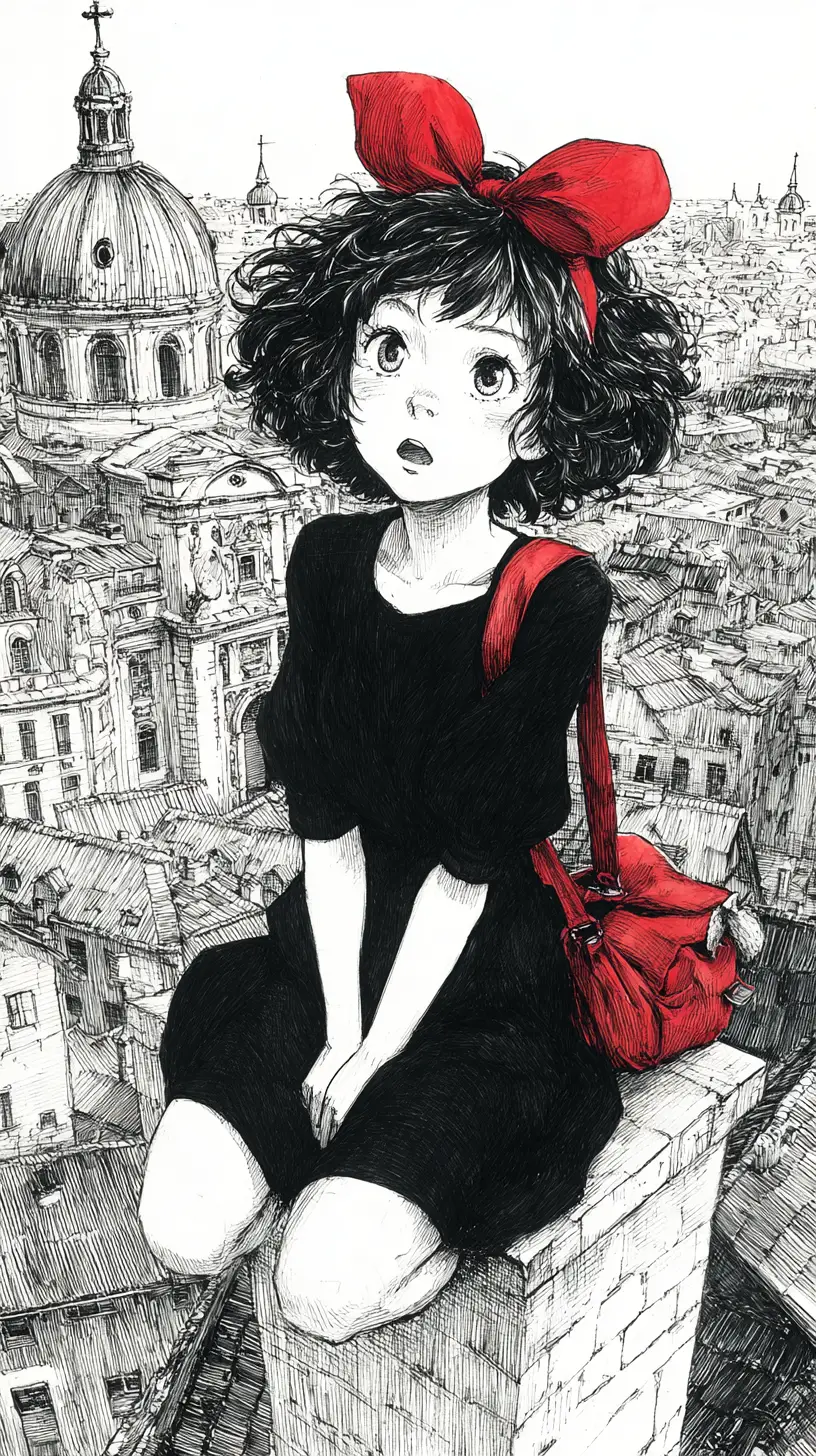 Anime girl on a high rooftop in a European city
