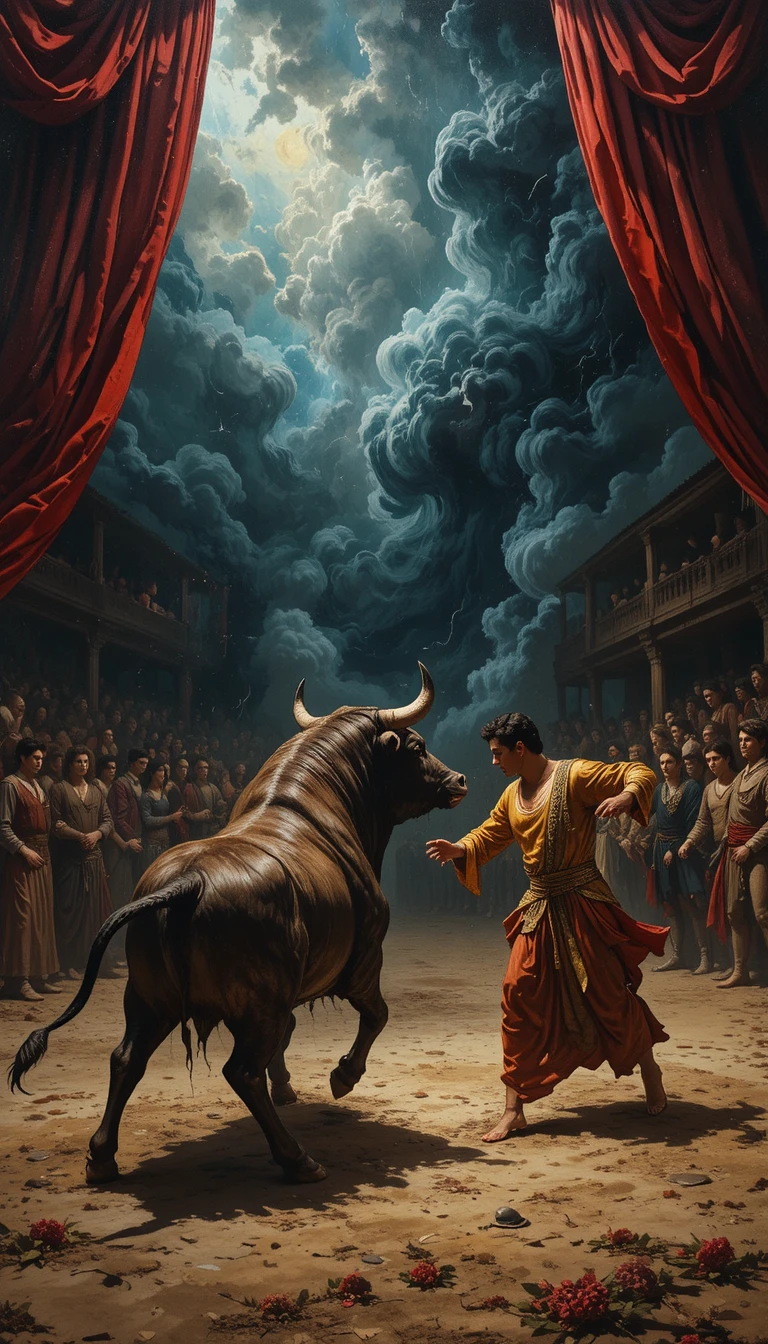 Dramatic bullfight scene in a stormy baroque arena