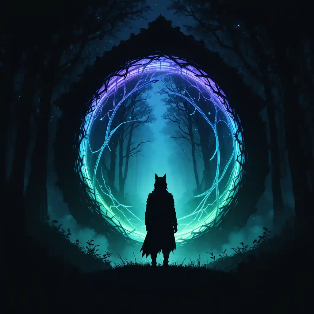 Lone wolf before a glowing portal in dark enchanted forest