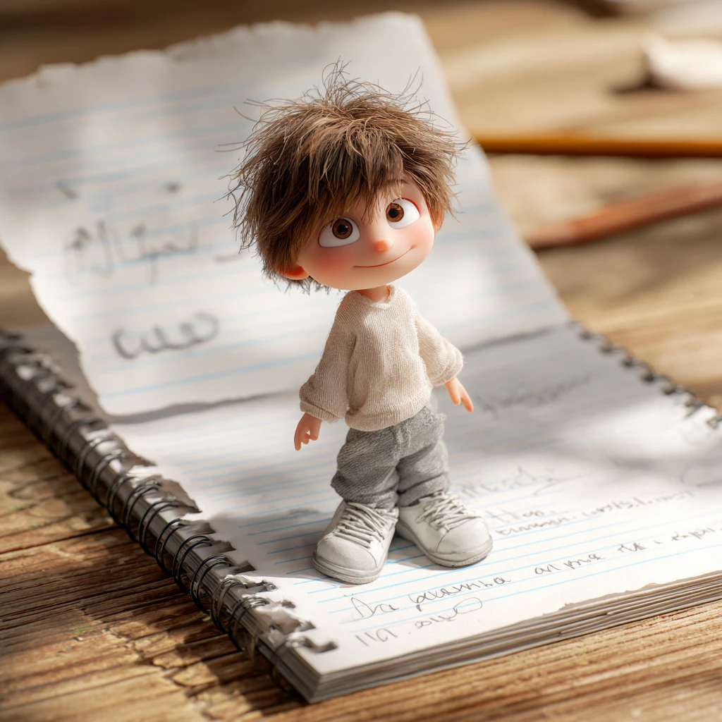 Cute 3D boy stepping from spiral notebook on wooden desk