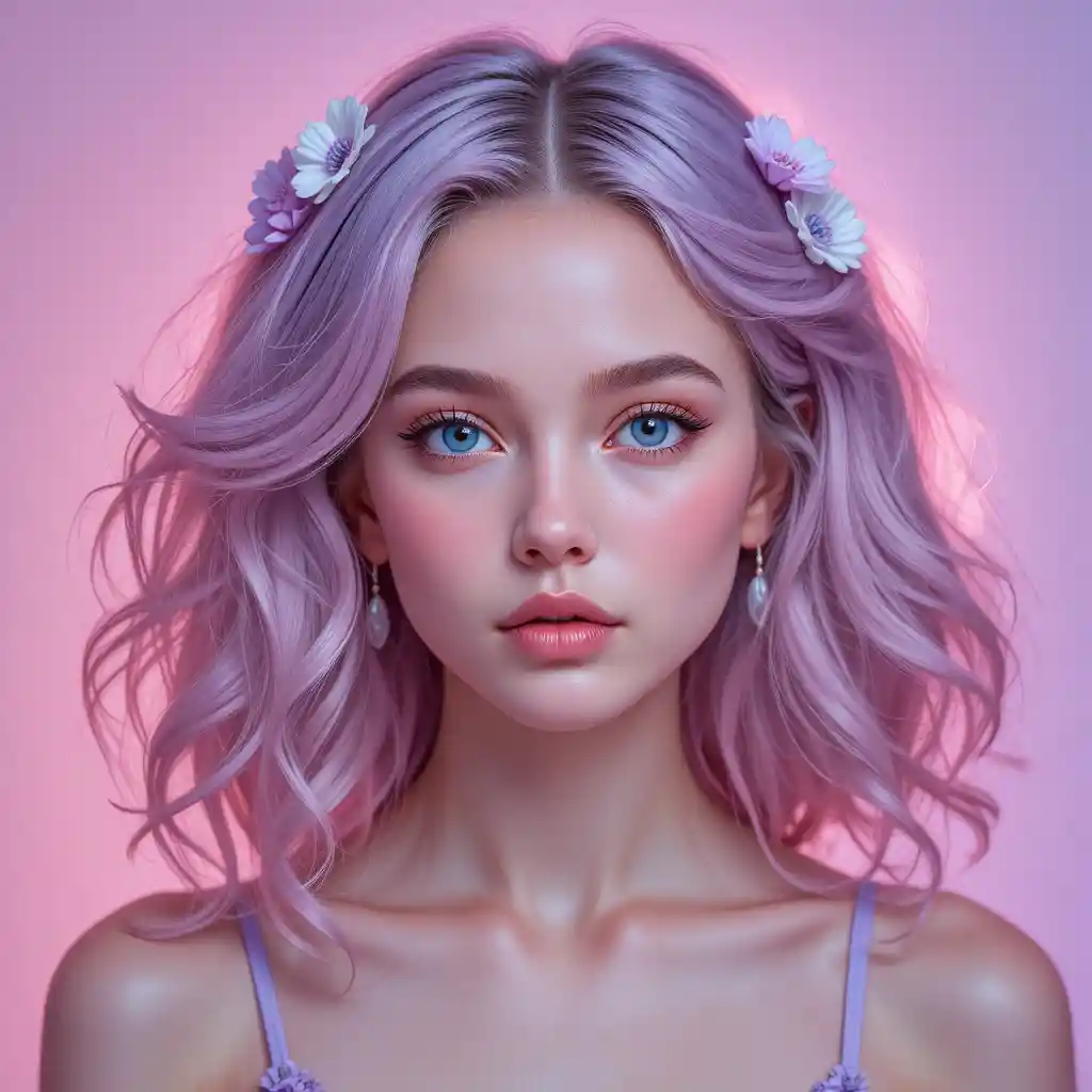 Young woman with pastel floral hair in soft studio portrait