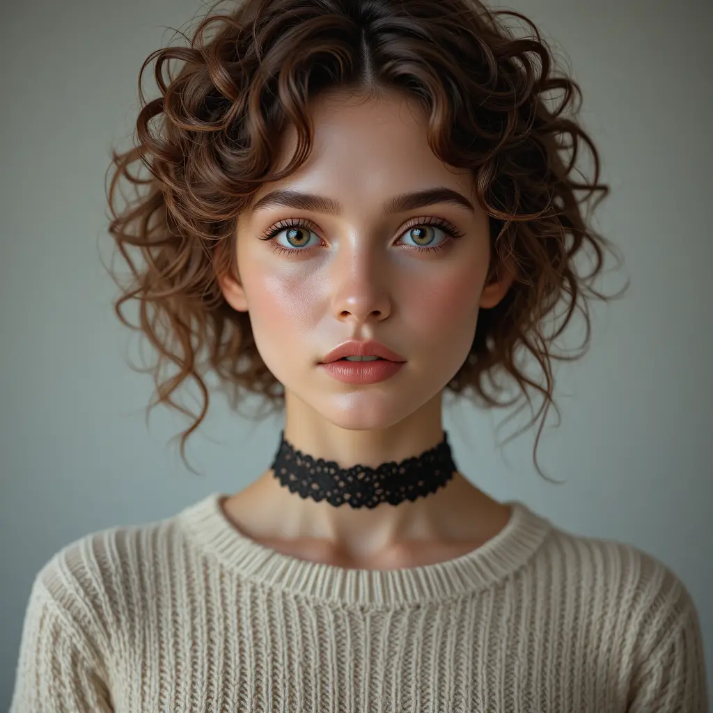 Young woman close up portrait with curly hair and choker