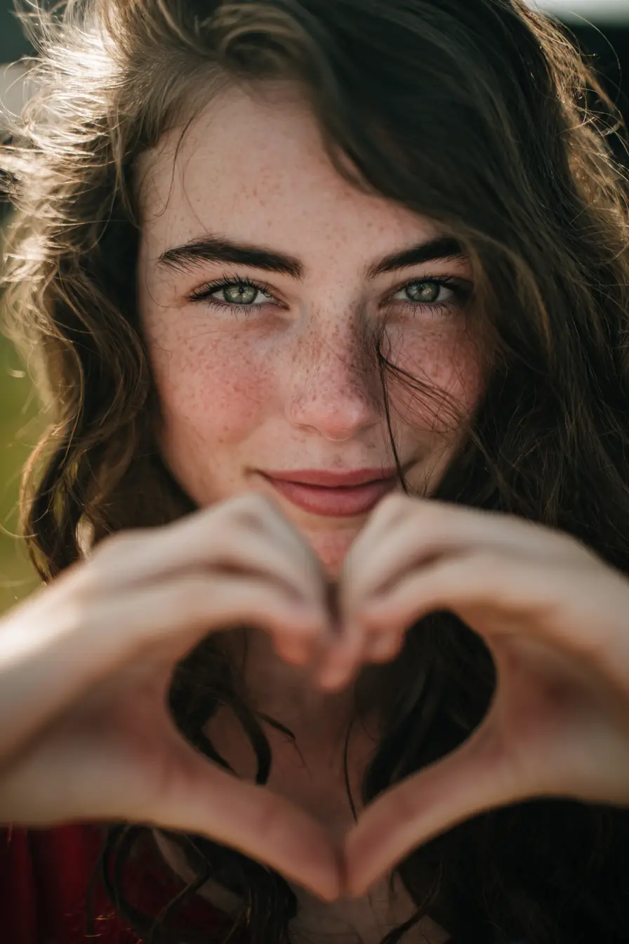 Young woman making a heart gesture in close up portrait
