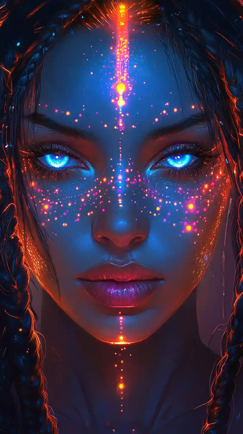 Femme bleue éthérée avec marques faciales néon bioluminescentes