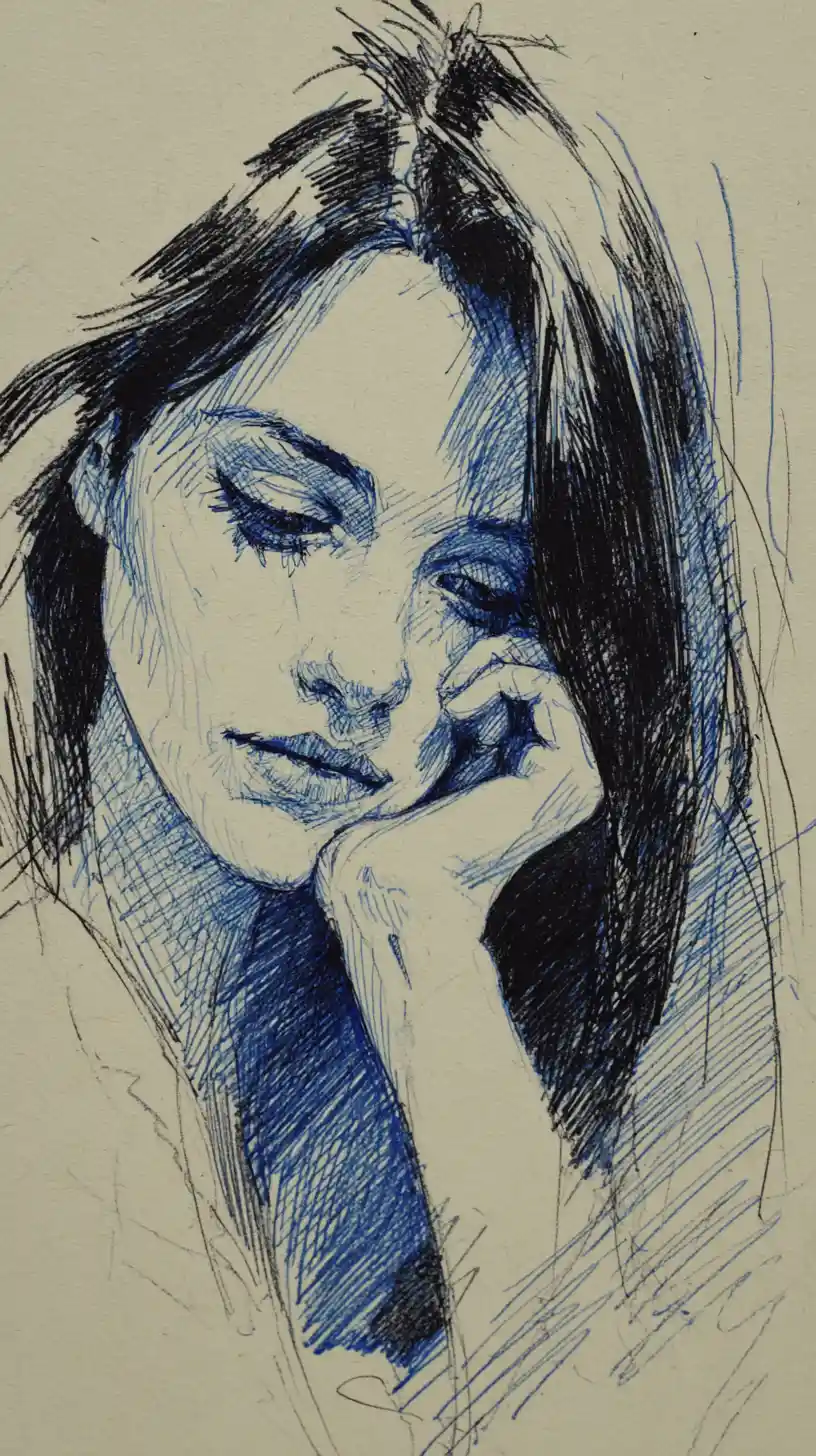 Melancholic girl portrait in blue ink and graphite drawing