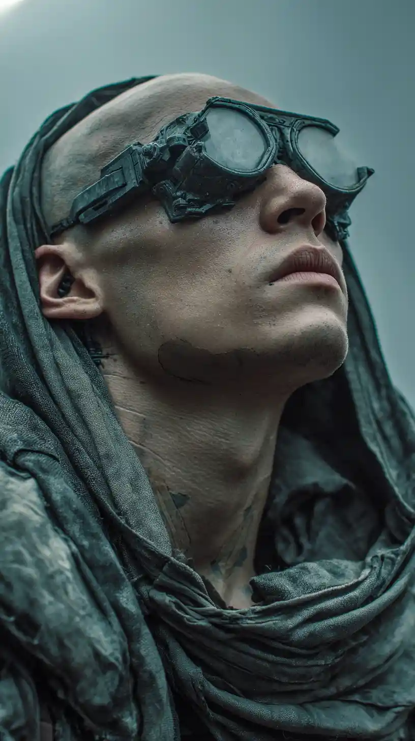Bald cyborg wanderer in a tarp camp futuristic city