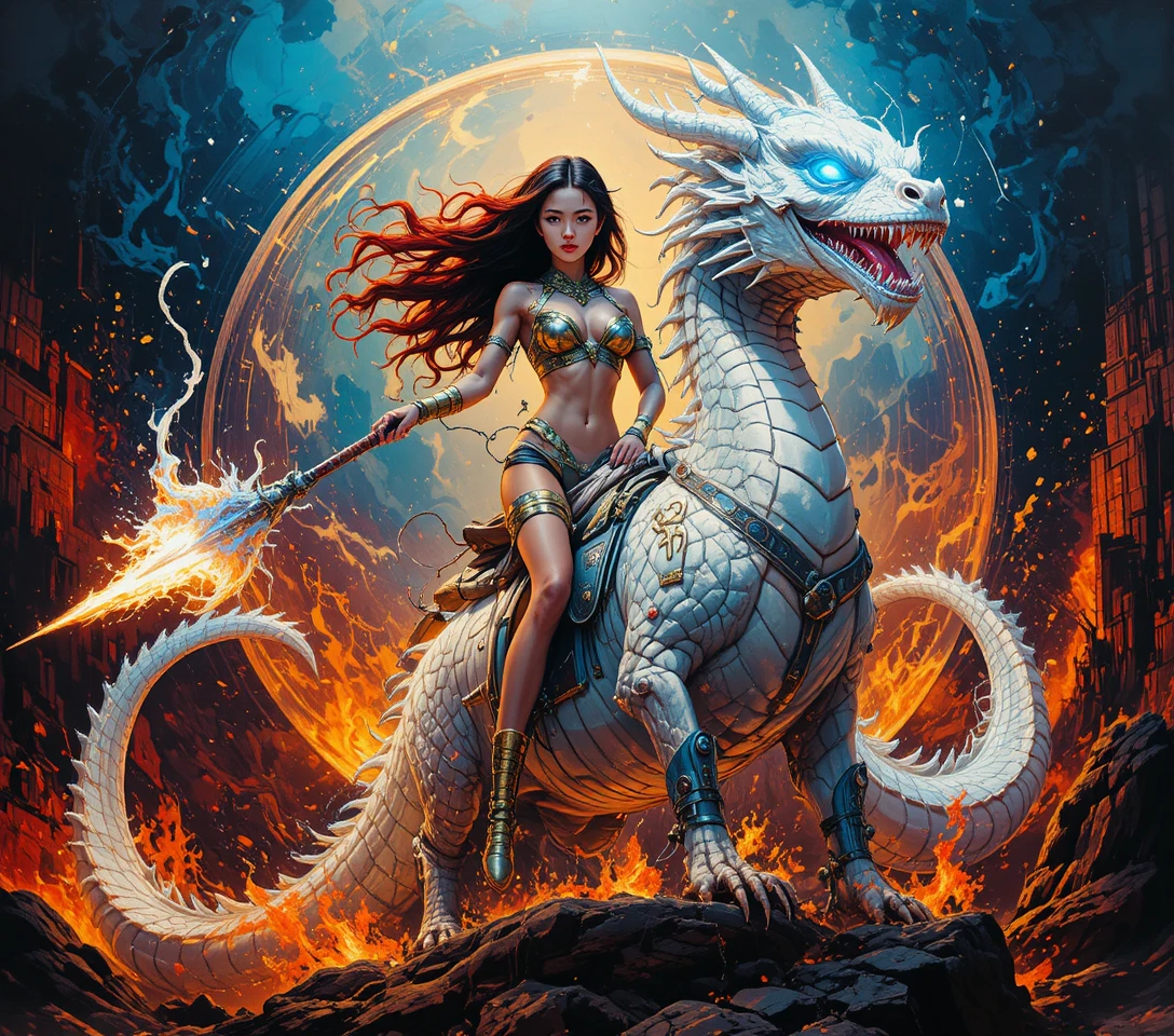 Dark haired fantasy girl riding a white dragon