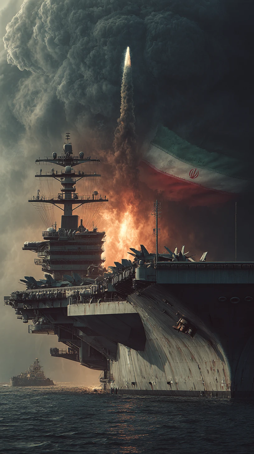 Vista cinematografica di una portaerei statunitense in mare