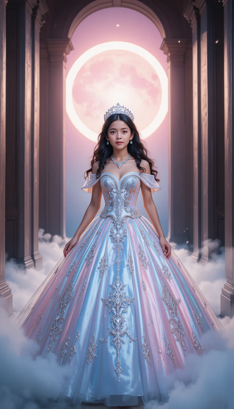Joven princesa en un arco resplandeciente con luz celestial