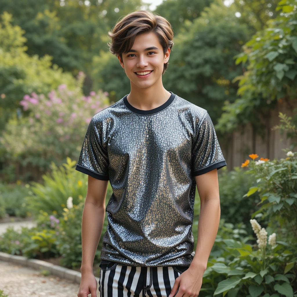Smiling young man in silver shirt standing in garden