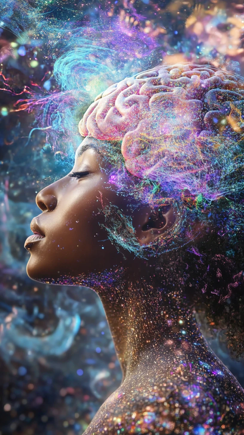 Cerveau humain holographique surréaliste composé de particules scintillantes