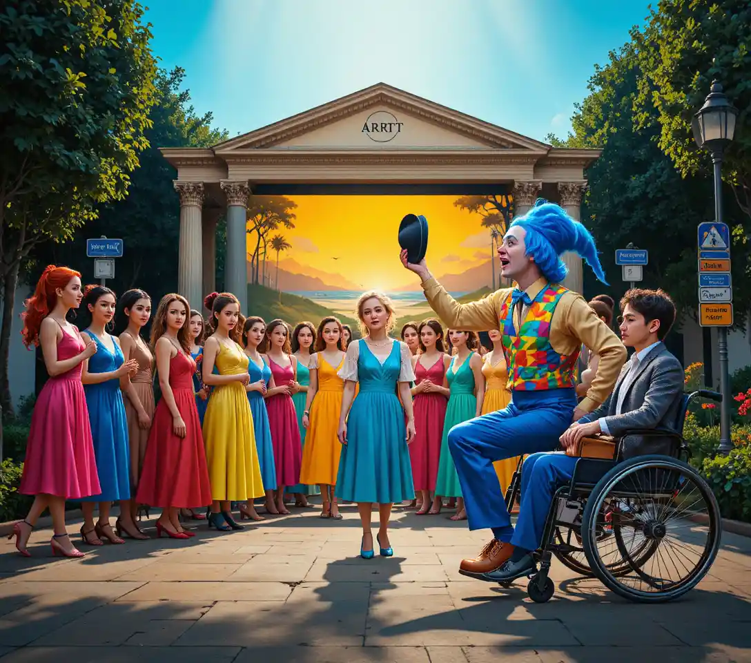 Colorful group of young performers singing on a stage