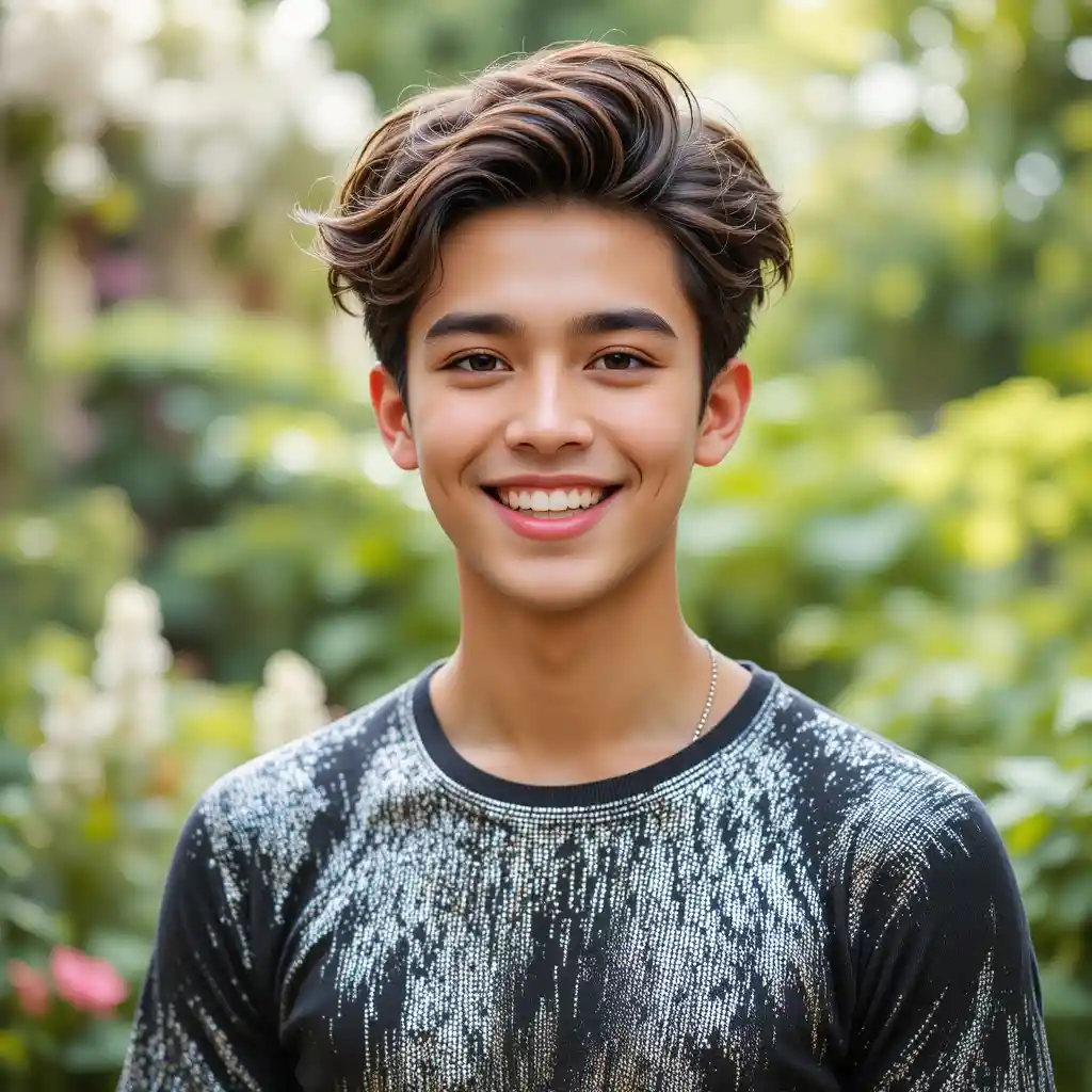 Giovane sorridente in giardino con T-shirt glitterata