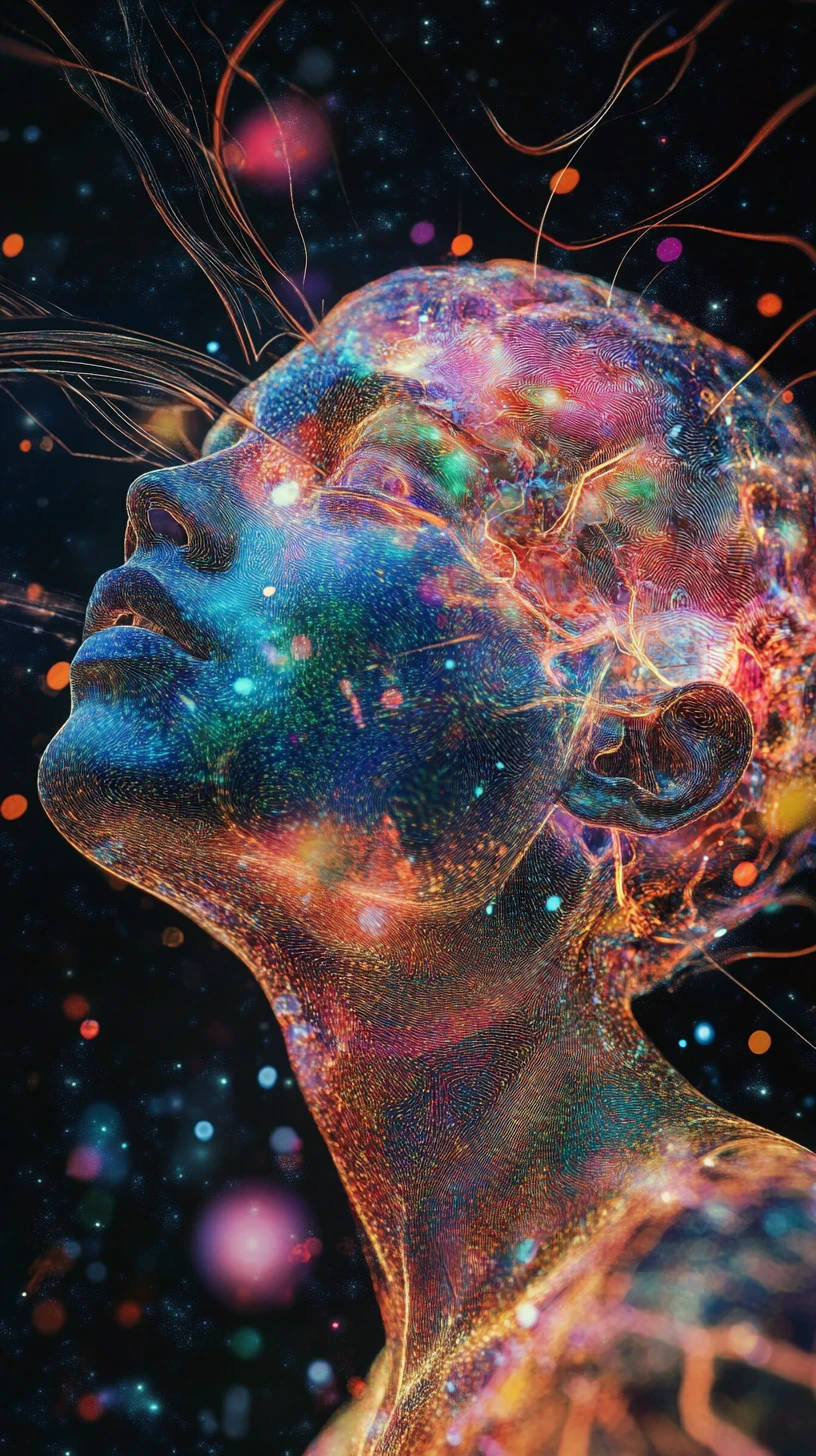 Cerveau humain holographique composé de particules numériques scintillantes