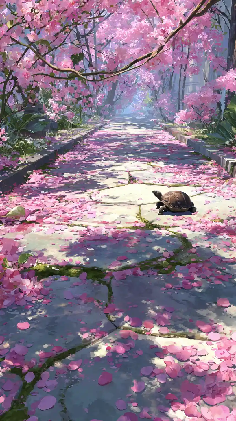 Tartaruga descansando em caminho de flores de cerejeira na luz da primavera