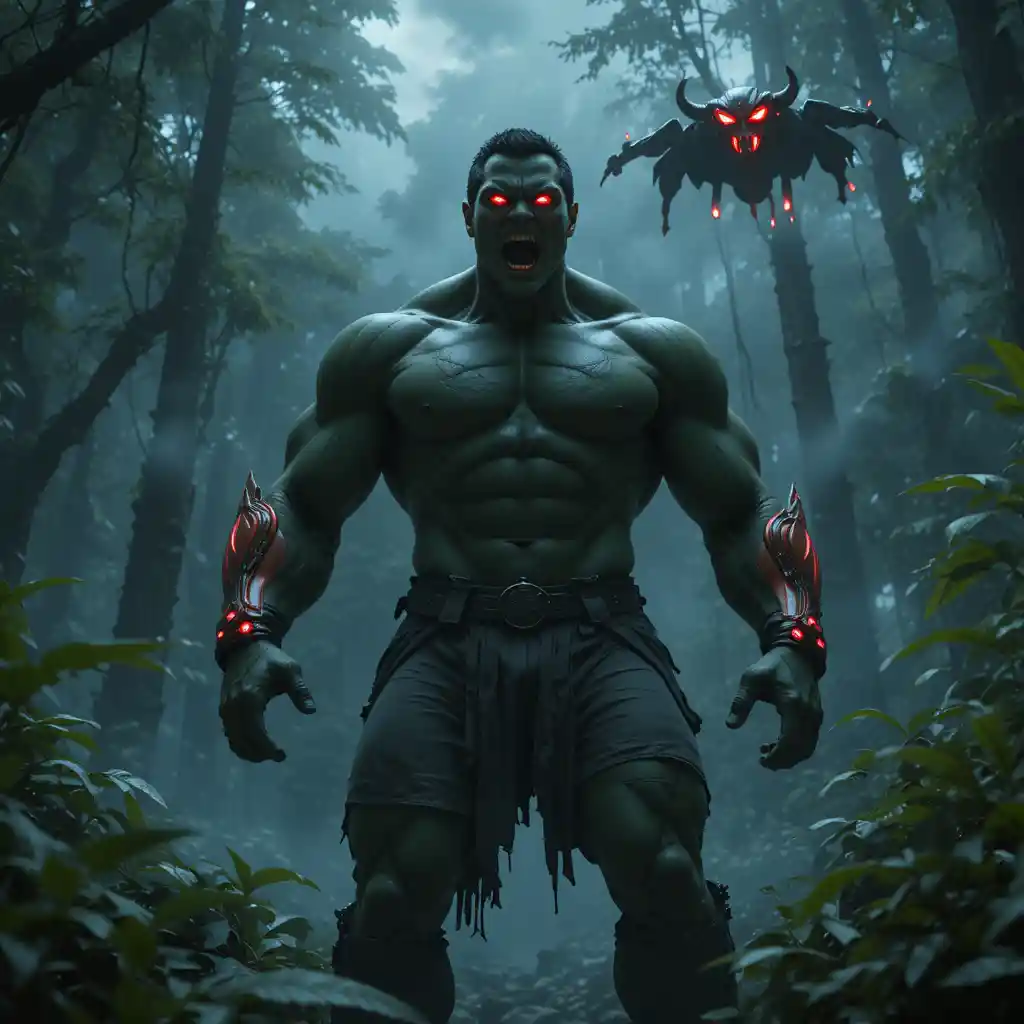 Giant green superhero standing in a dramatic night jungle