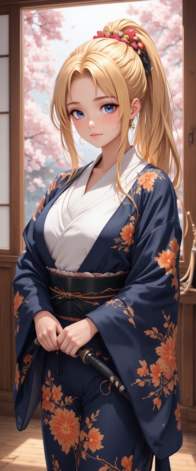 Blonde anime warrior woman in kimono holding a katana