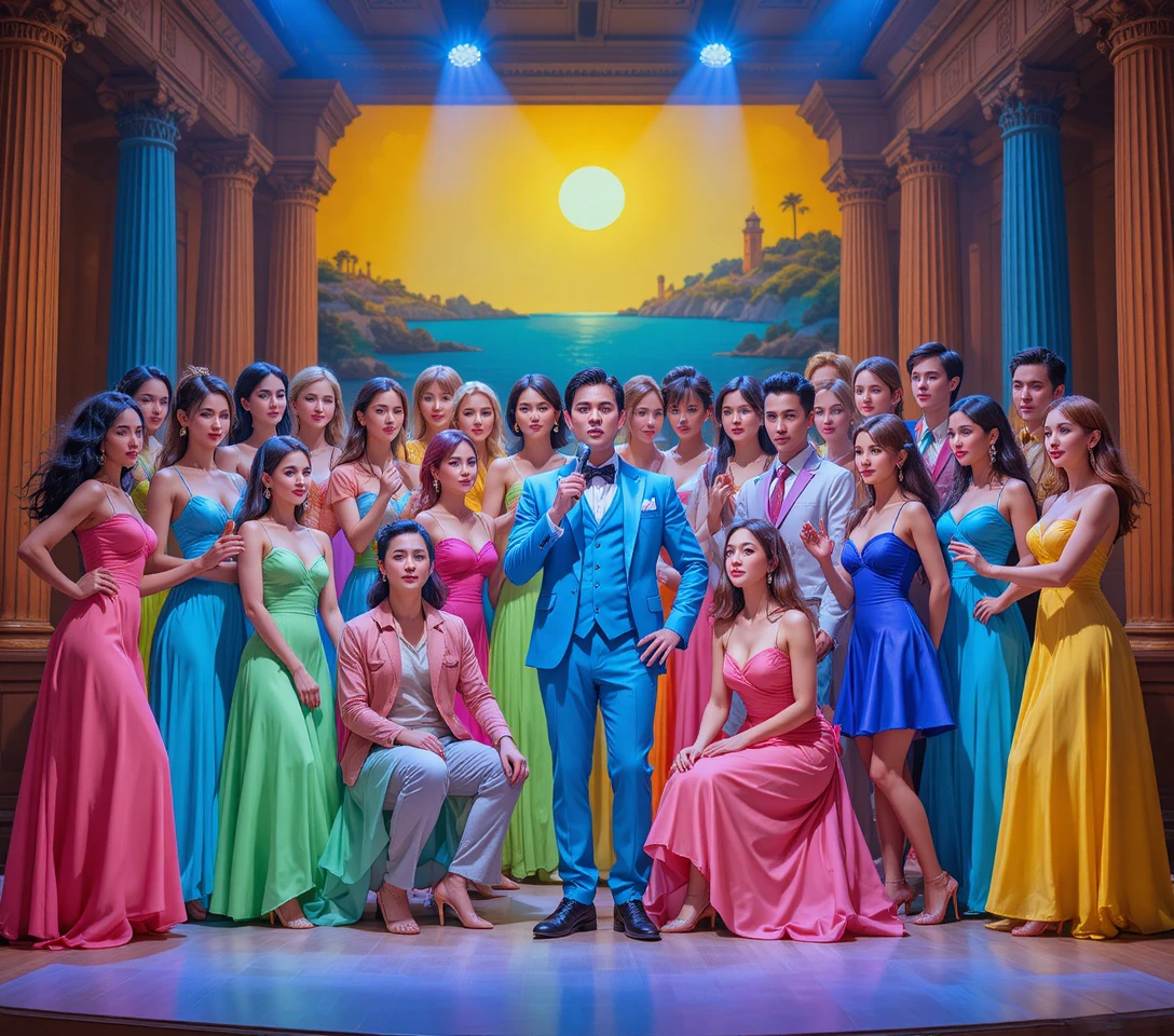 Colorida actuación en grupo sobre un escenario de teatro intensamente iluminado