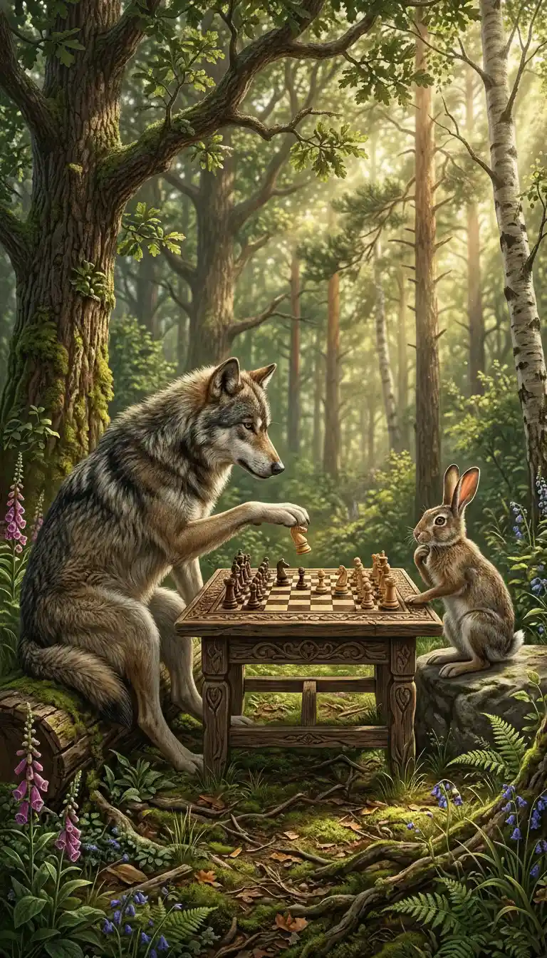 Wolf und Hase spielen Schach auf einer sonnenbeschienenen Waldlichtung
